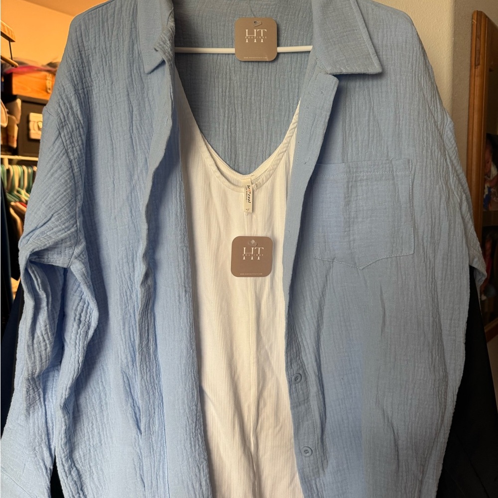 Light Blue Button-Up Shirt with White Tank Top